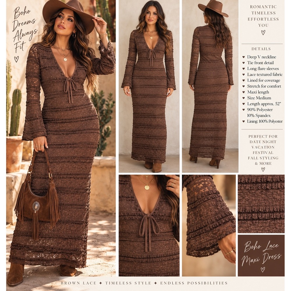 Brown Lace Ruffle Tiered Maxi Dress V-Neck Long Sleeve  M